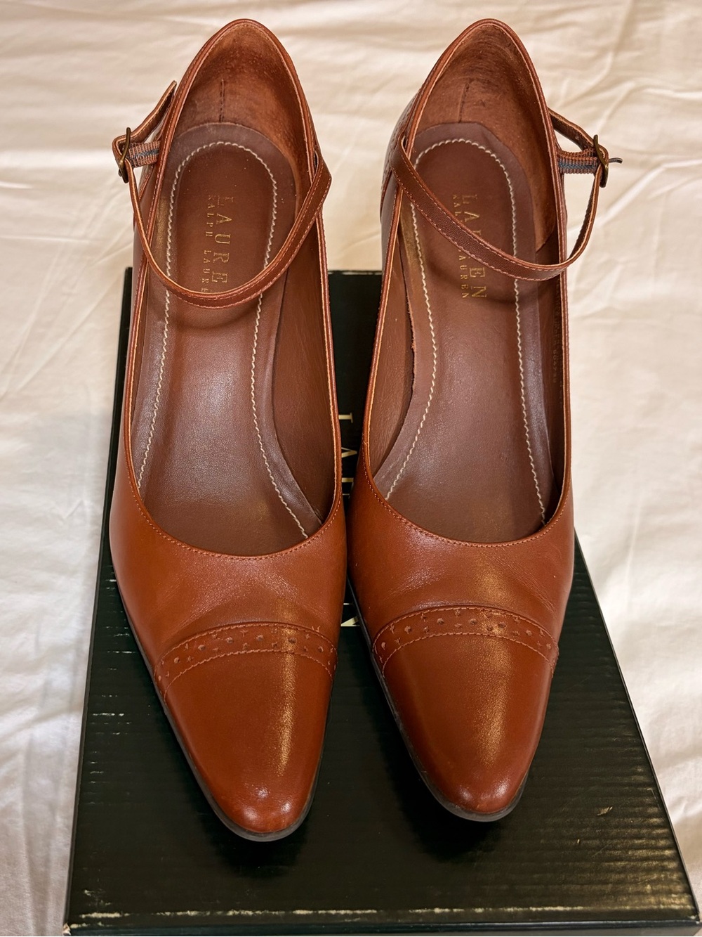 Lauren Ralph Lauren Belinda Cognac Brown Leather Mary Jane Heels Size 8.5 B